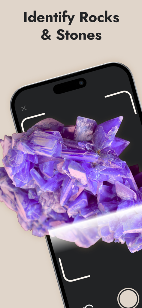 A smartphone using the Stone Identifier app to scan and identify a purple crystal cluster.