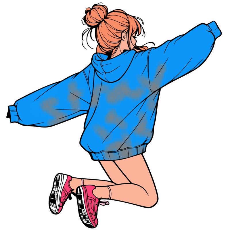 realistic girl jumping with a bun and oversized sweatshirt