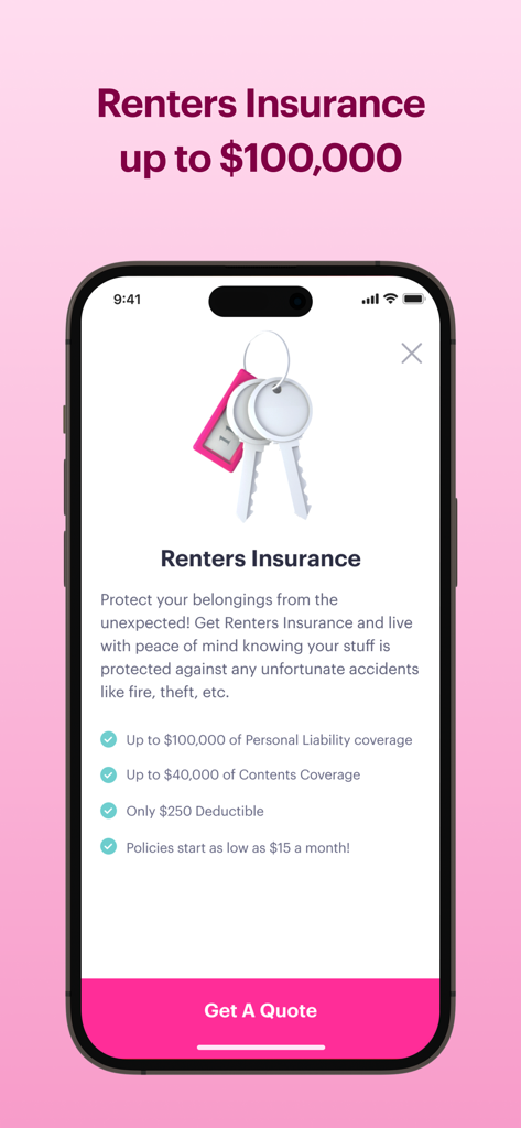Goose Insurance - Goose Insurance app screen showing renters coverage details and pricing starting at 15 dollars per month