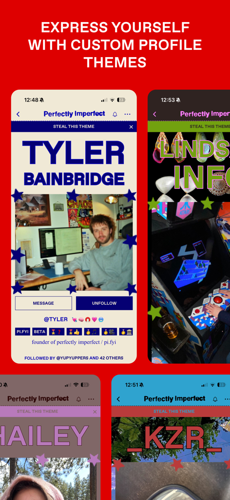 Four mobile screens showing different user profiles on the FYI app with custom aesthetic themes and backgrounds