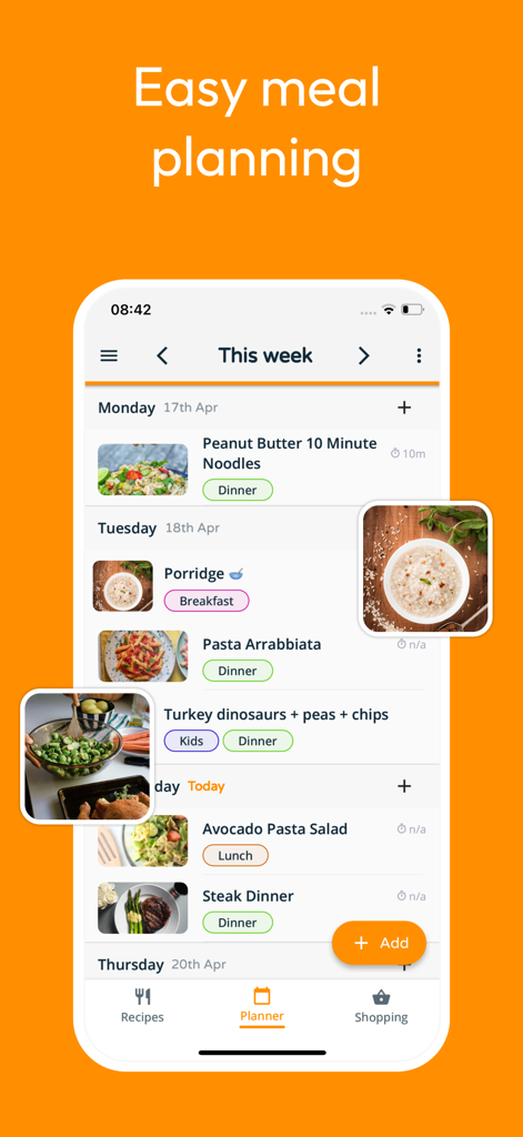 Weekly meal planning interface in the Stashcook app showing scheduled recipes for the week