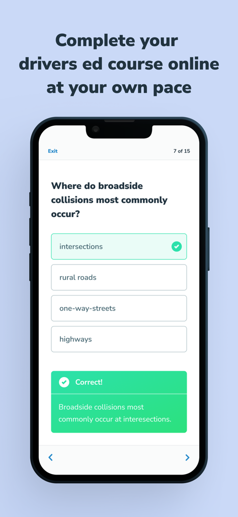 Aceable Führerscheinausbildung App-Oberfläche zeigt eine Multiple-Choice-Quizfrage zu Seitenkollisionen mit Benachrichtigung über die richtige Antwort