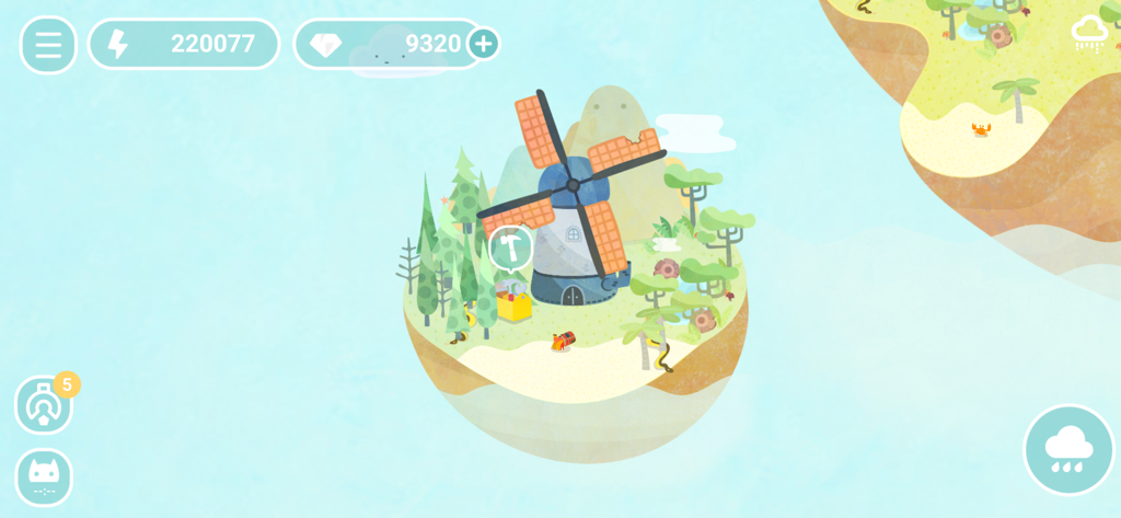 DESERTOPIA - A peaceful floating island with a windmill and lush trees in the cozy simulation game Desertopia