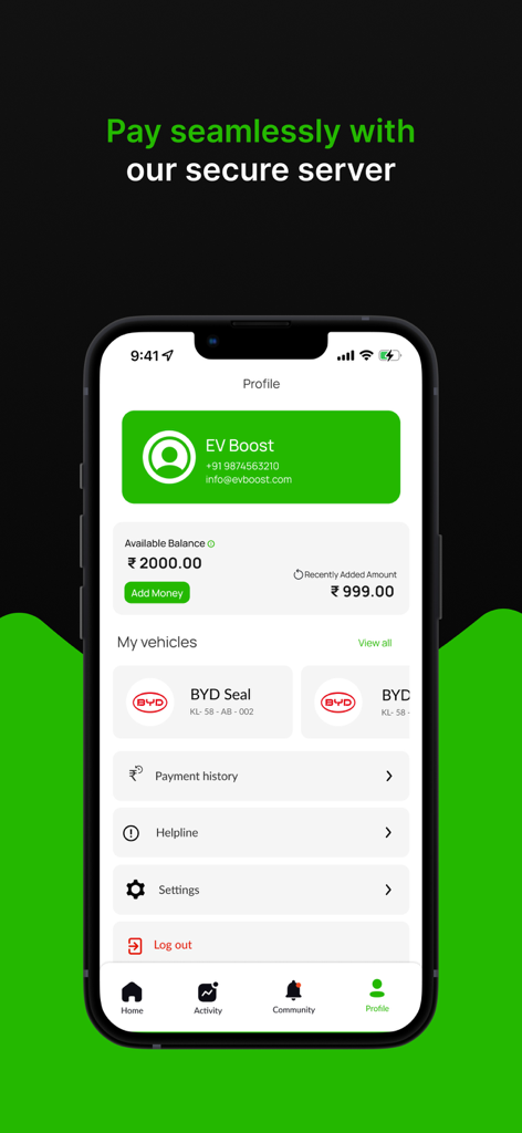 EV Boost - EV Boost mobile app profile screen displaying available wallet balance and registered vehicle details