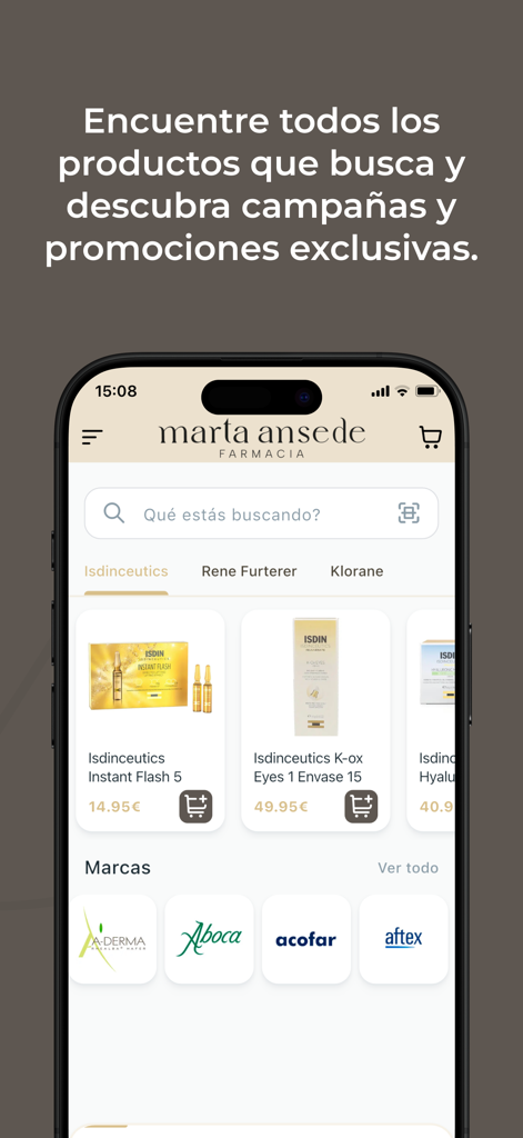 Screenshot of the Farmacia Ansede mobile app showing a product search interface with various health and beauty brands