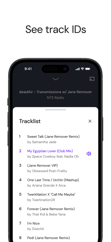 Mixcloud mobile app showing a tracklist of songs from a curated radio show