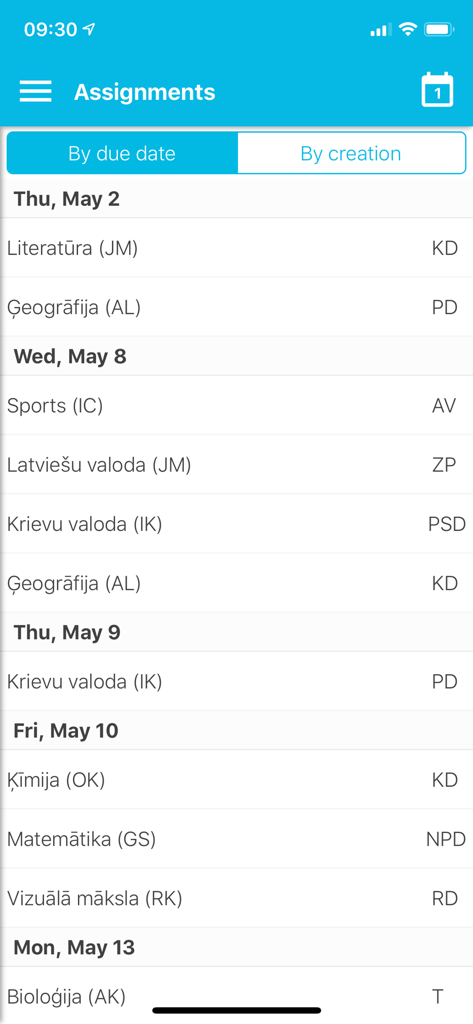 Mykoob app interface showing a list of student assignments and upcoming due dates
