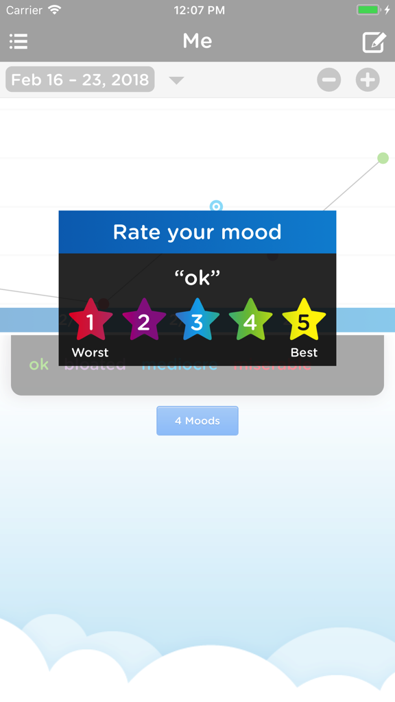 Moodtrack Private Diary - Moodtrackプライベートダイアリーのインターフェース。気分の追跡のための5つ星評価スケールを表示しています。