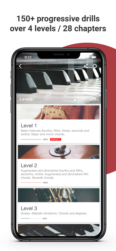 Complete Ear Trainer - Interface of the Complete Ear Trainer app displaying different music theory levels and training drills