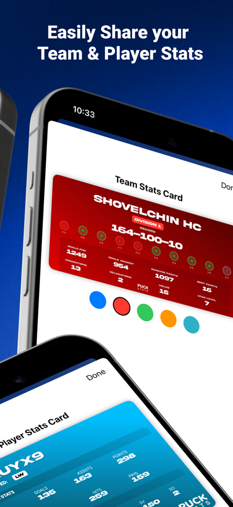 Puck Stats - Puck Stats app interface displaying shareable team and player statistics cards for hockey gamers