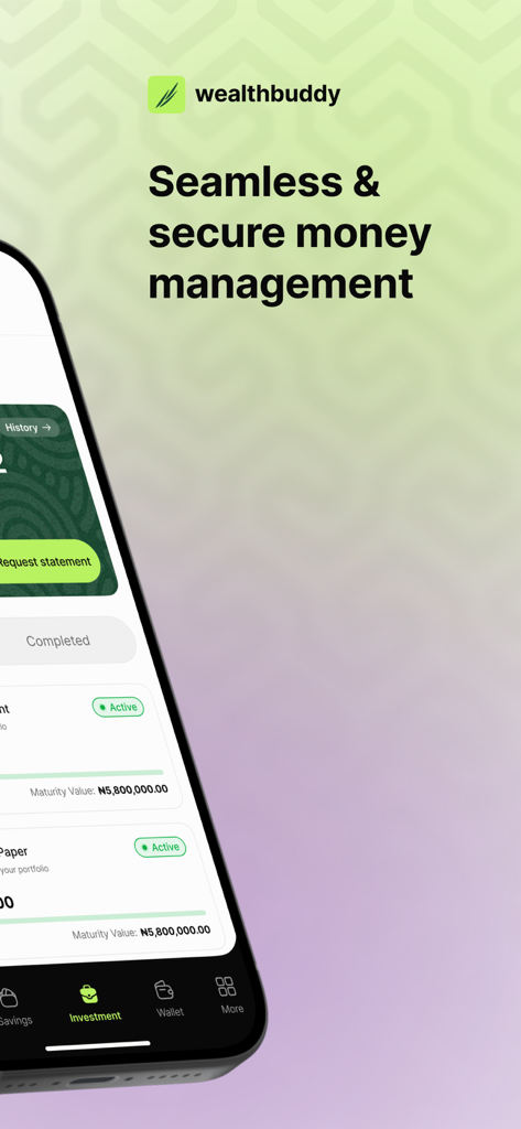 WealthBuddy - WealthBuddy mobile app interface for secure money management and investment