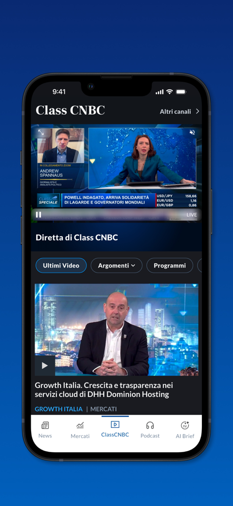 Milano Finanza - Class CNBC - Milano Finanza app interface showing the Class CNBC live financial news stream and video reports