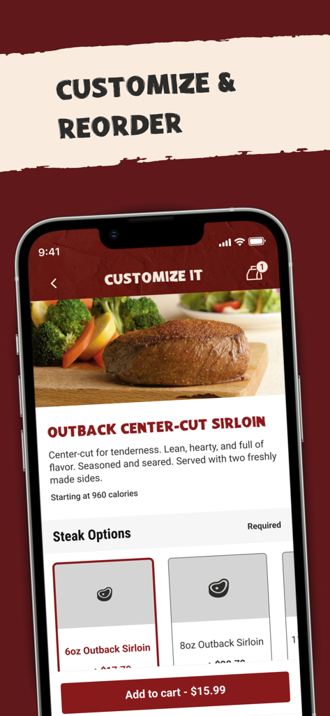 Outback Steakhouse - Pantalla de la aplicación móvil de Outback Steakhouse que muestra las opciones para personalizar un pedido de filete Outback Center-Cut Sirloin