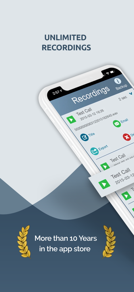 Call Recorder - IntCall - Écran de smartphone affichant la liste des enregistrements de l'application IntCall Call Recorder avec options d'exportation et de gestion