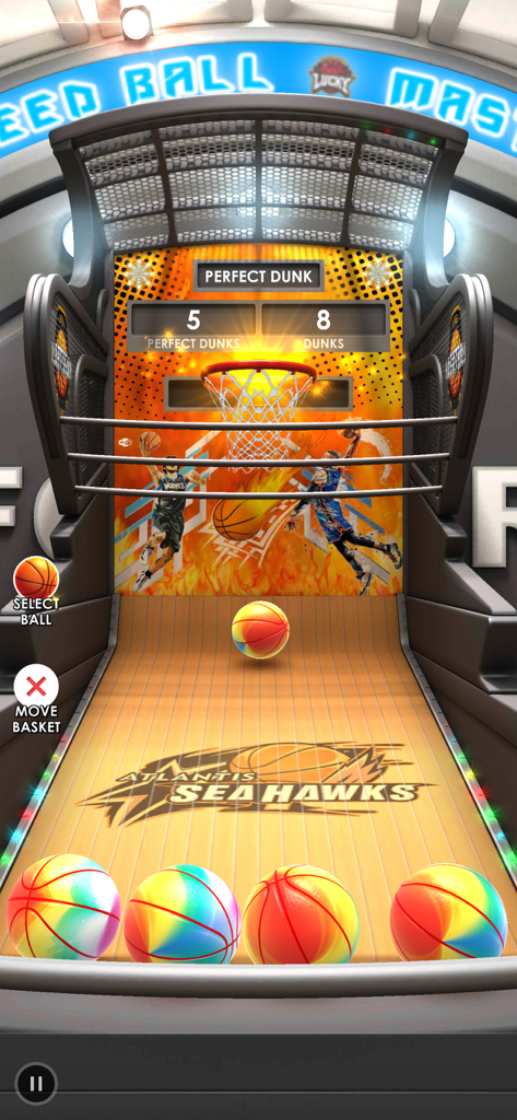 Basketball Flick 3D - Basketball Flick 3D arcade game screen showing a perfect dunk score and colorful basketballs
