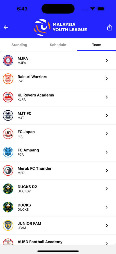 Malaysia Youth League - A mobile interface of the Malaysia Youth League app showing a list of sports teams including MJFA and KL Rovers Academy.