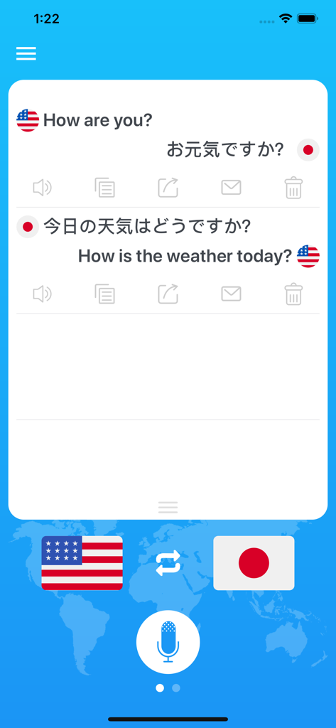 Voice Translation Lite - Voice Translation Lite app interface showing real time english and japanese conversation translation
