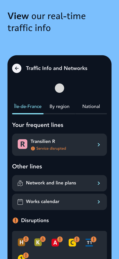 フランスの交通機関のリアルタイム交通情報と運行状況の遅延を表示するSNCF Connectアプリ画面