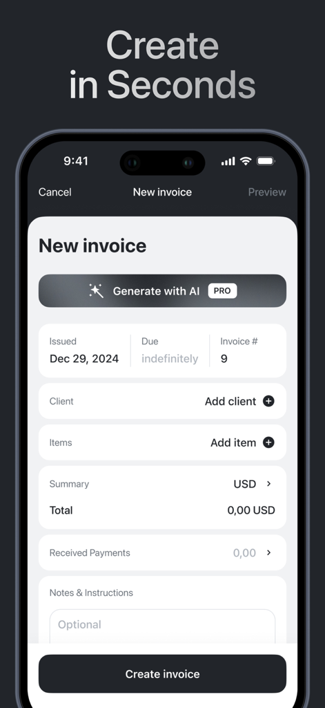 Interface of the Smart Invoices app showing how to create a new invoice with AI assistance