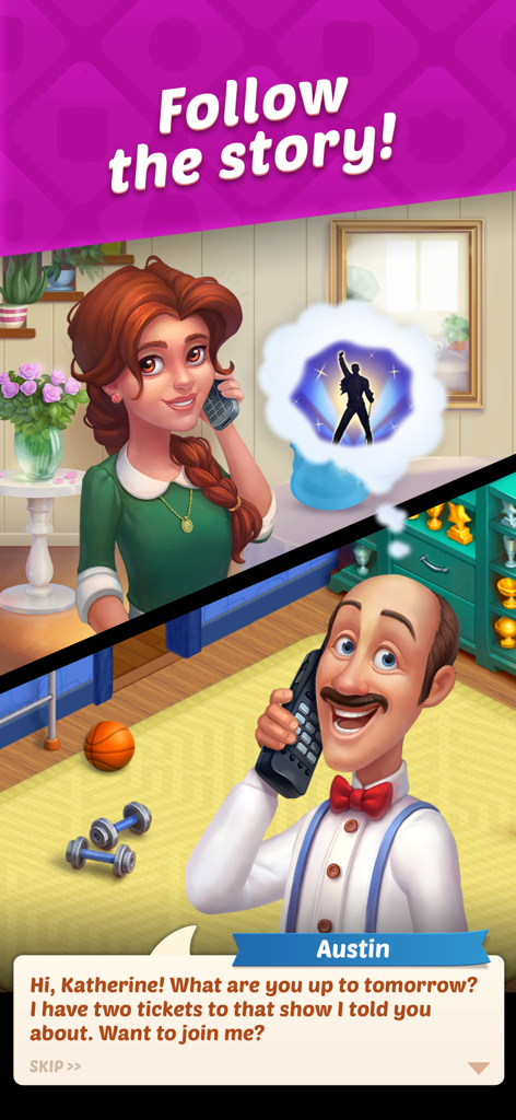 Eine narrative Szene in Homescapes, die Austin den Butler zeigt, wie er mit Katherine am Telefon über Show-Tickets spricht.