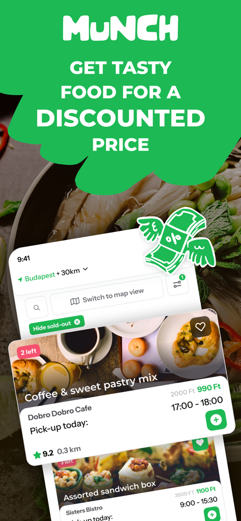 Munch app displaying discounted food surprise packages from local cafes and bakeries