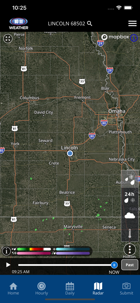 10/11 NOW Weather - 10 11 NOW Weather app interface showing a high resolution radar map of Lincoln Nebraska and surrounding areas