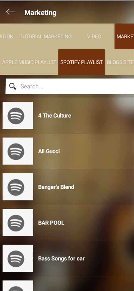 A menu within THE BLUEPRINT app showing a list of Spotify playlists for music marketing and promotion