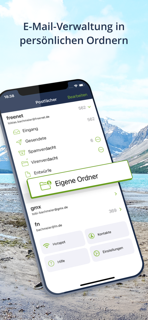 Interface of the freenet Mail app showing multiple email accounts and personal folder organization on an iPhone.