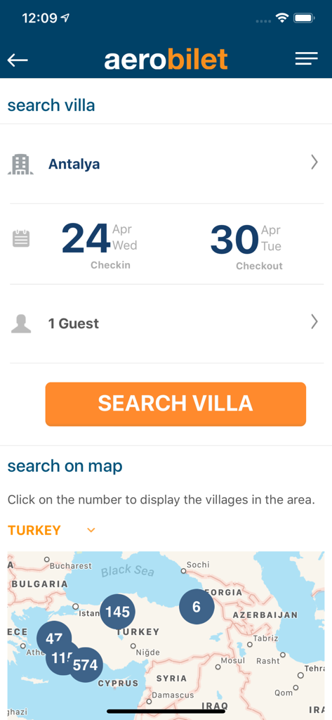 Aerobilet - Flights, Hotels - Aerobilet app screen for villa search in Antalya Turkey with map interface