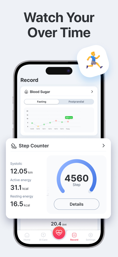 Heart Rate Monitor - Pulse HRV - App dashboard showing blood sugar history charts and daily step counter with activity calories.