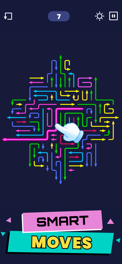 Un complejo laberinto de flechas de colores sobre un fondo oscuro en el juego móvil Arrow Maze