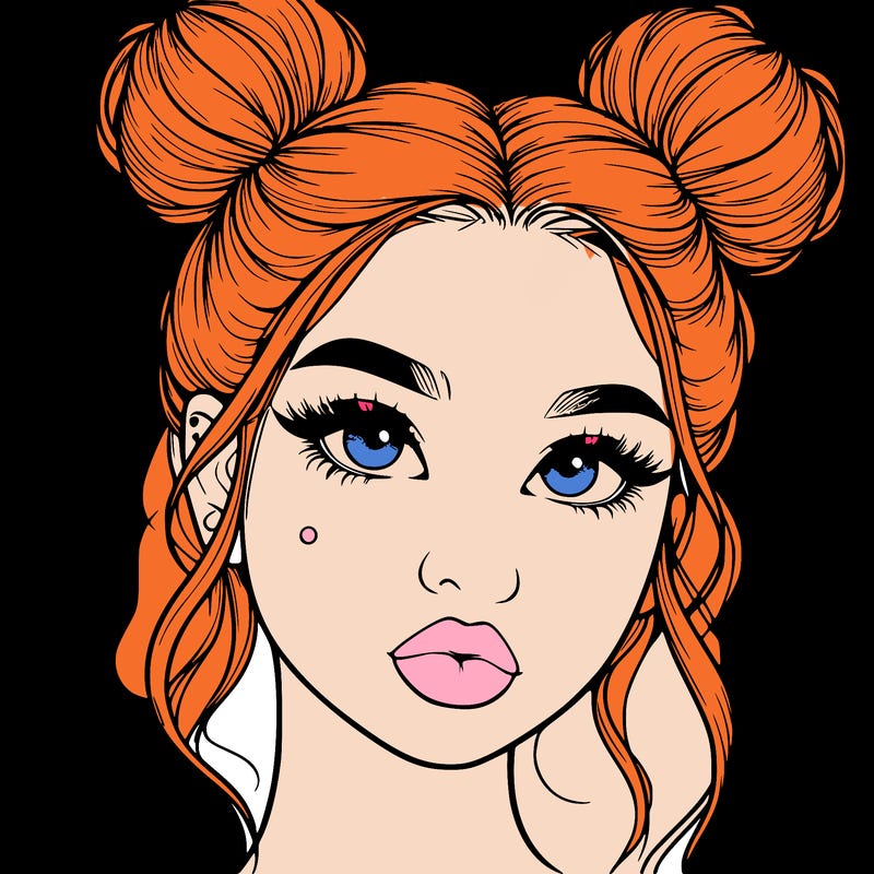 realistic girl with two buns on her hair and lips