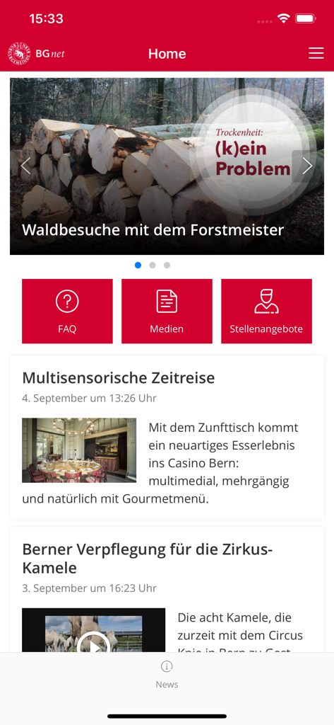 Startbildschirm der BGnet-App mit Nachrichtenartikeln und Navigationsschaltflächen für FAQ, Medien und Stellenangebote