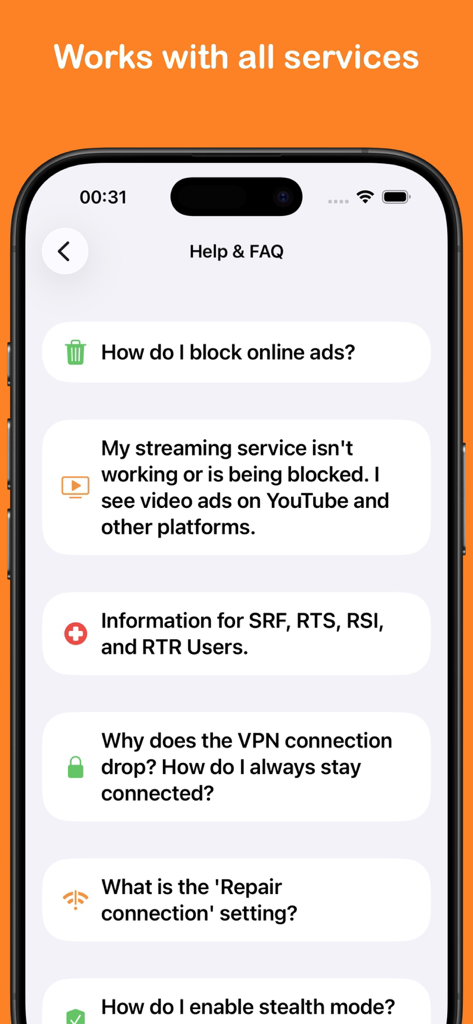 SwizzVPN: Super Fast VPN Proxy - SwizzVPN Help and FAQ screen on an iPhone showing support topics for ad blocking and streaming services.