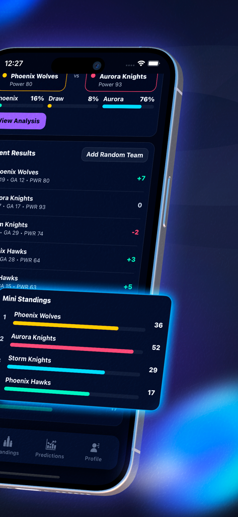 RainGames Hub app interface showing sports match win probabilities and team standings with a neon dark mode theme