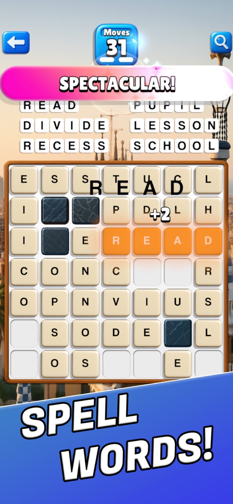 Word Slide Puzzle Vacation - A screenshot of Word Slide Puzzle Vacation gameplay showing a word puzzle grid and letter tiles with a travel background