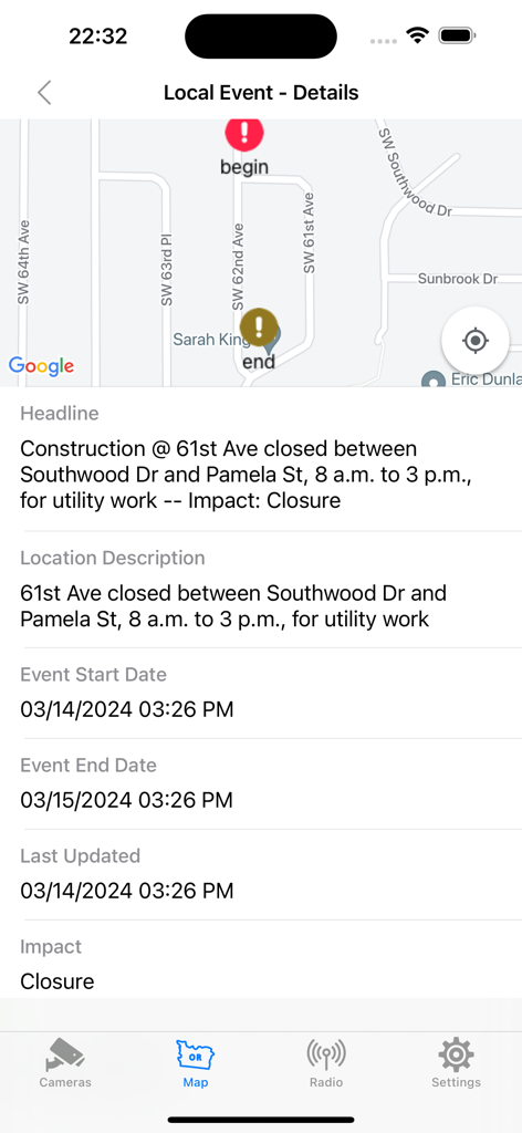 Oregon Road and Traffic Cams - Screenshot of the Oregon Road and Traffic Cams app displaying detailed information about a local road closure and construction event