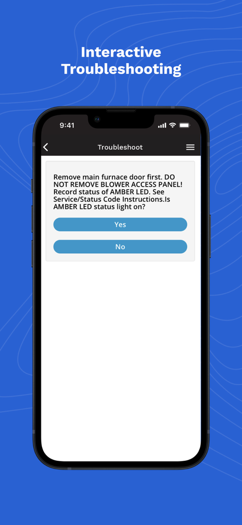 Carrier® Service Technician - Carrier Service Technician app interactive troubleshooting screen for HVAC furnace diagnostics