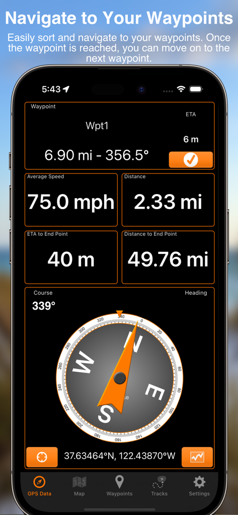 El panel de control de la aplicación GPS Tracks que muestra datos de navegación de waypoints, incluyendo velocidad, distancia y una brújula.