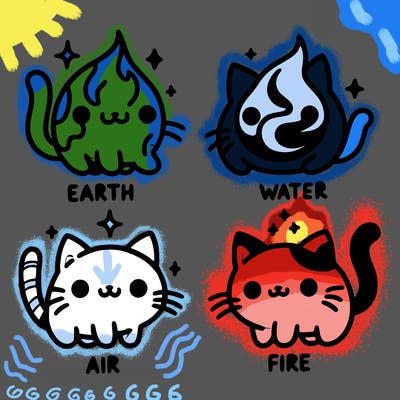 4 cats that represent the different elements, earth, water, air, and fire
