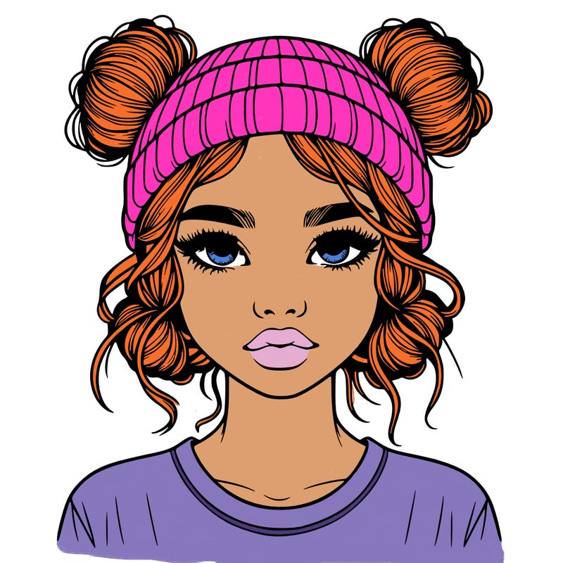 realistic girl with buns in her hair with a beanie on