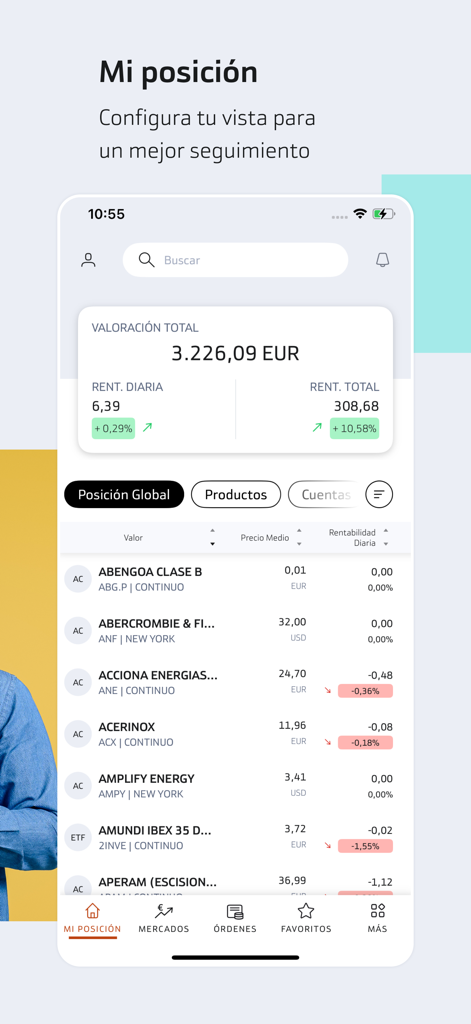 Broker Bankinter mobile app interface displaying a global portfolio valuation and stock list.