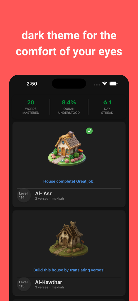 Qurania: Learn Quran with AI - Qurania app dashboard in dark mode showing learning progress and gamified house levels