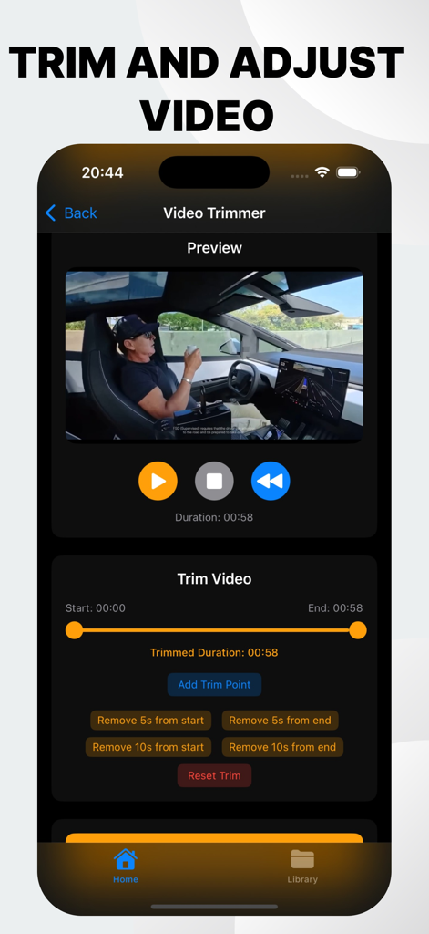 Video trimmer tool interface showing playback and timeline controls