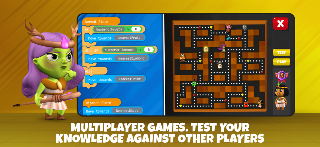 Interface showing visual code blocks for logic next to a multiplayer maze game in the Code Teens app.