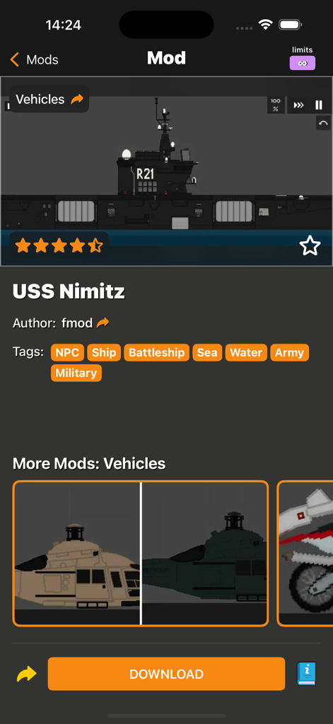 Fruit Mods for Fruit PG! - A screenshot of the USS Nimitz battleship mod page in the Fruit Mods app showcasing vehicle details and a download button.