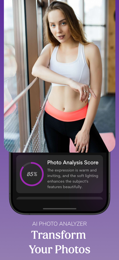 AI Photo Measure - Face Beauty - A woman's portrait analyzed by the AI beauty app showing an 85 percent attractiveness score with descriptive feedback