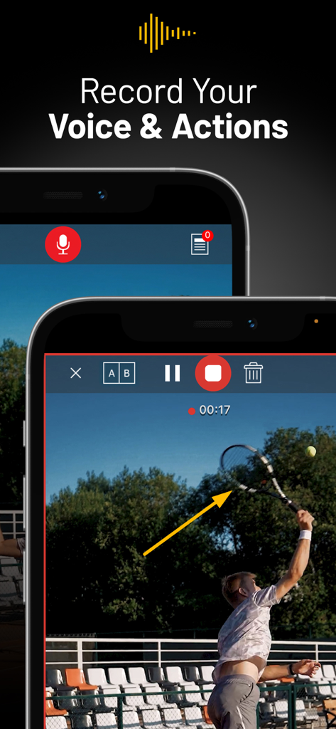 myDartfish Express: Coach App - Interfaz de myDartfish Express que muestra la grabación de voz y acción para el análisis de vídeo de tenis