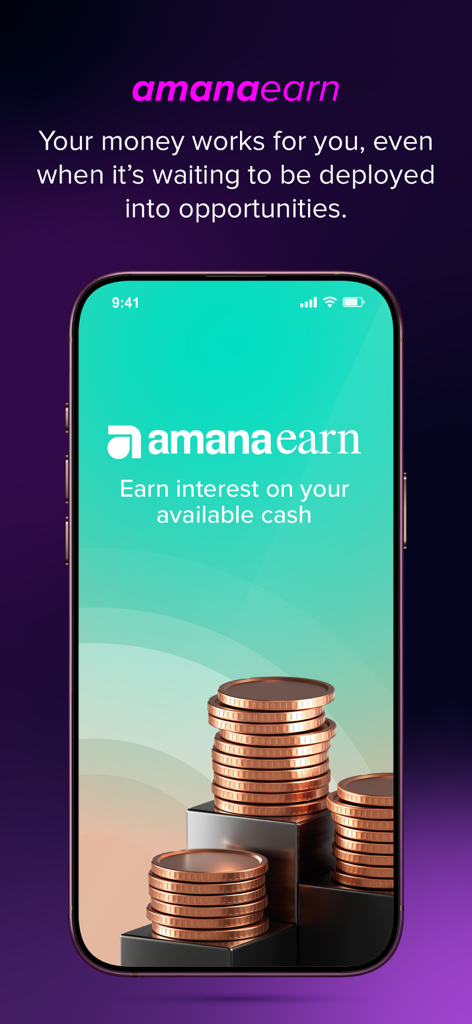 Trading & Investing App: amana - amanaアプリの画面。積み上げられたコインのイラストで、利用可能な現金に対する利息の獲得方法を説明