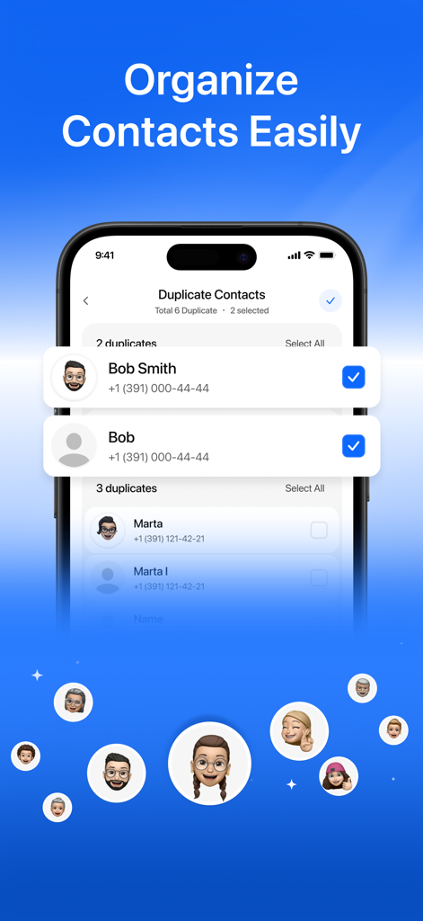 Clean Up Storage · - Interface of the Clean Up Storage app showing a list of duplicate contacts to merge or delete on an iPhone.